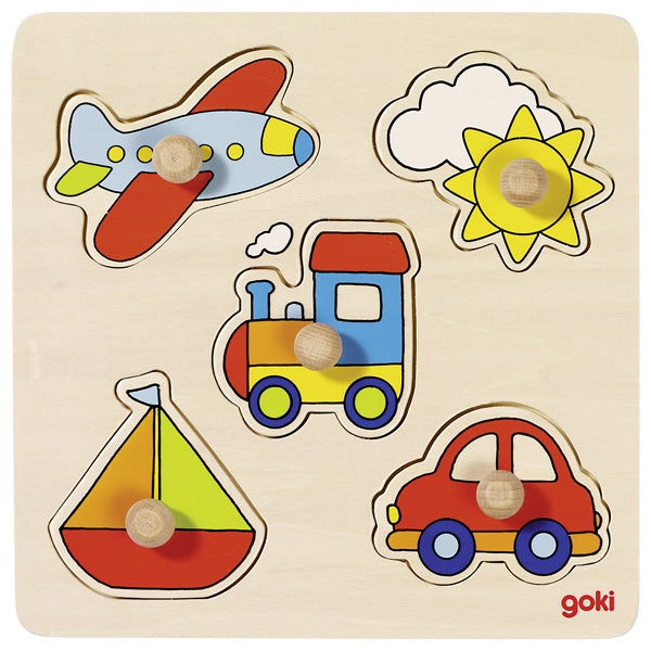 Goki 5 Peg Wooden Toddler Puzzle Goki Baby Puzzles Vehicles at Little Earth Nest Eco Shop Geelong Online Store Australia