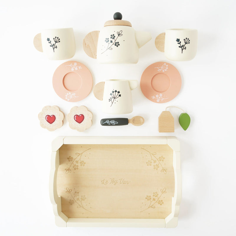 Wooden Play Tea Set and Tray by Le Toy Van Le Toy Van Toy Kitchens & Play Food at Little Earth Nest Eco Shop Wooden Play Tea Set and Tray by Le Toy Van - Sustainable 12-Piece Pretend Play Toy Geelong Online Store Australia