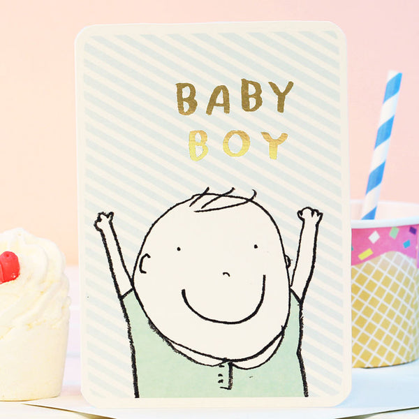 Soft Blue Baby Card with Gold Lettering and Cheering Baby Laura Skillbeck Greeting & Note Cards at Little Earth Nest Eco Shop Geelong Online Store Australia