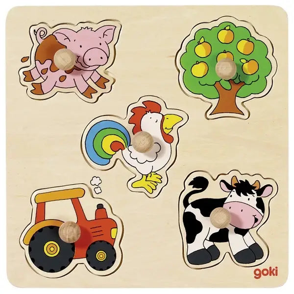 Goki 5 Peg Wooden Toddler Puzzle Goki Baby Puzzles Farm at Little Earth Nest Eco Shop Geelong Online Store Australia